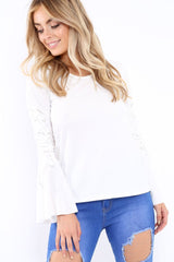 White Bell Sleeved Top with Lace up Detail - Fate