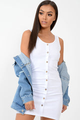 White Button Front Ribbed Bodycon Dress - Oliviana