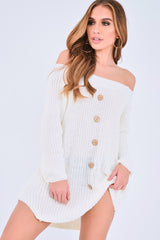 White Bardot Button Front Chunky Knit Jumper Dress - Syanna