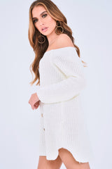White Bardot Button Front Chunky Knit Jumper Dress - Syanna