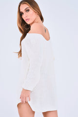 White Bardot Button Front Chunky Knit Jumper Dress - Syanna