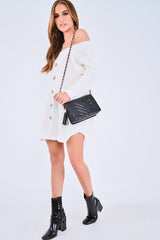 White Bardot Button Front Chunky Knit Jumper Dress - Syanna