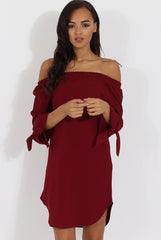 Wine Bardot Tie Cuffs Dress - Whitney