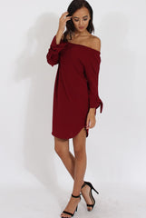 Wine Bardot Tie Cuffs Dress - Whitney