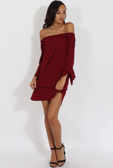 Wine Bardot Tie Cuffs Dress - Whitney