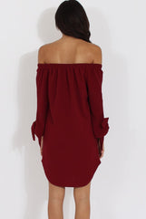 Wine Bardot Tie Cuffs Dress - Whitney