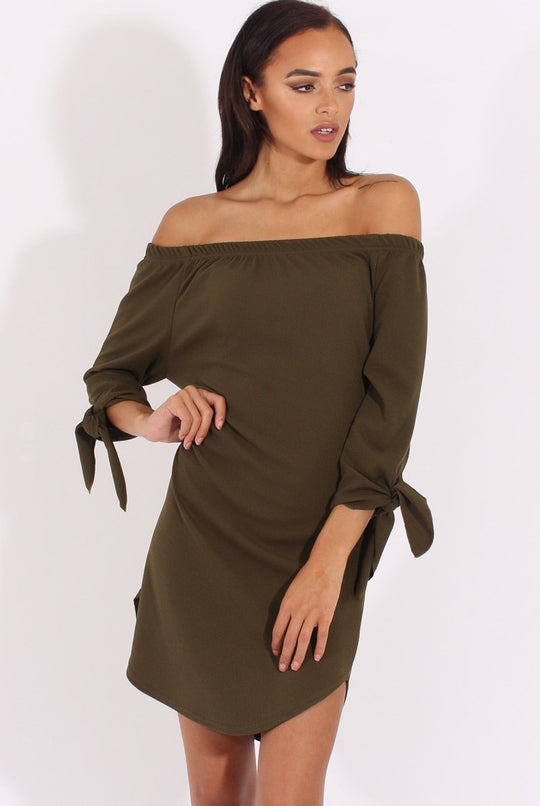 Khaki Bardot Tie Cuffs Dress - Whitney