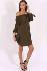 Khaki Bardot Tie Cuffs Dress - Whitney