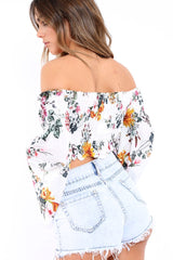 White Floral Shirred Flared Sleeve Top - Jaasia