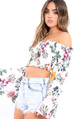 White Floral Shirred Flared Sleeve Top - Jaasia