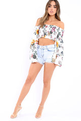 White Floral Shirred Flared Sleeve Top - Jaasia