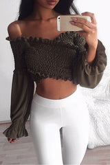 Khaki Shirred Wrap Over Bardot Crop Top - Zuri