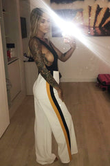 White with Mustard and Black Side Stripe Wide Leg Trousers - Wiley
