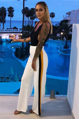 White with Mustard and Black Side Stripe Wide Leg Trousers - Wiley