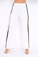 White with Mustard and Black Side Stripe Wide Leg Trousers - Wiley