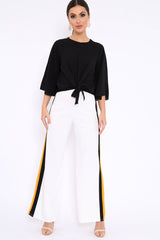 White with Mustard and Black Side Stripe Wide Leg Trousers - Wiley
