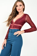 Wine Lace Long Sleeve Open Back Bodysuit - Ellice