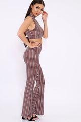 Wine And Black Striped Crop And Trousers Co-Ord - Chrisley