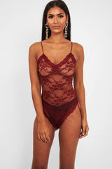 Wine Lace Open Back Bodysuit - Demani