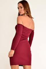Wine Rib Bardot Button Down Mini Dress - Janora