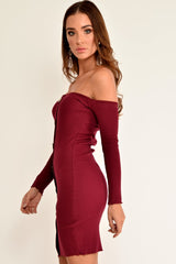 Wine Rib Bardot Button Down Mini Dress - Janora