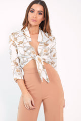 White Gold Chain Print Tie Front Blouse - Melika