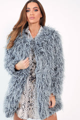 Grey Shaggy Faux Fur Coat - Evalina