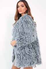 Grey Shaggy Faux Fur Coat - Evalina