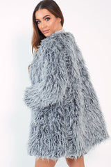 Grey Shaggy Faux Fur Coat - Evalina