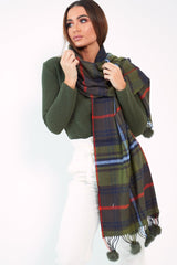 Green Orange Blue Tartan Pom-Pom Scarf - Aayat