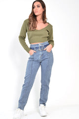 Mid Wash Belted Straight Leg Jeans - Crosley
