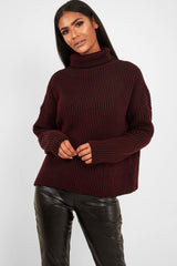 Wine Ottoman Rib Roll Neck Jumper - Renee