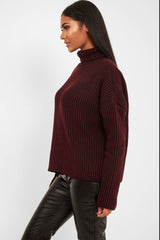 Wine Ottoman Rib Roll Neck Jumper - Renee