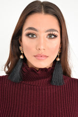 Black Tassel Diamante Detail Drop Earrings - Zyonna