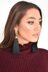 Black Tassel Diamante Detail Drop Earrings - Zyonna