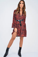 Wine Snake Print Plunge Flute Sleeve Shift Dress - Olesya