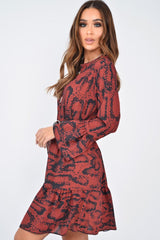 Wine Snake Print Plunge Flute Sleeve Shift Dress - Olesya