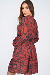 Wine Snake Print Plunge Flute Sleeve Shift Dress - Olesya