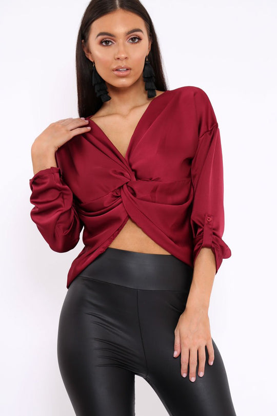 Wine Satin Twist Knot Front Top - Susanne