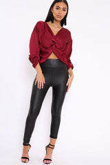 Wine Satin Twist Knot Front Top - Susanne