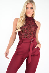 Wine Zebra High Neck Velvet Bodysuit - Tamina