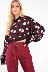 Wine Leopard Crop Batwing Jumper - Raigen
