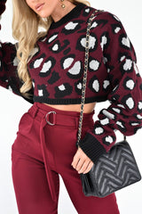 Wine Leopard Crop Batwing Jumper - Raigen
