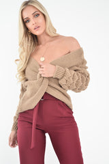 Camel Chunky Knit Plunge Sleeve Detail Jumper - Laelle