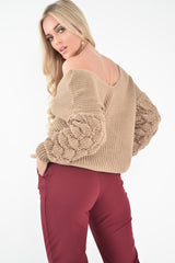 Camel Chunky Knit Plunge Sleeve Detail Jumper - Laelle