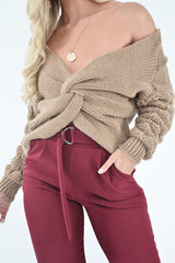 Camel Chunky Knit Plunge Sleeve Detail Jumper - Laelle
