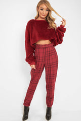 Wine Tartan High Waist Tapered Cigarette Trousers - Maddy