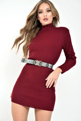 Wine Rib Bodycon Turtle Neck Mini Dress - Tesia
