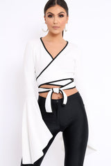 White Contrast Trim Tie Front Crop Top - Jaxy