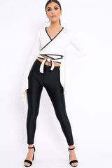 White Contrast Trim Tie Front Crop Top - Jaxy